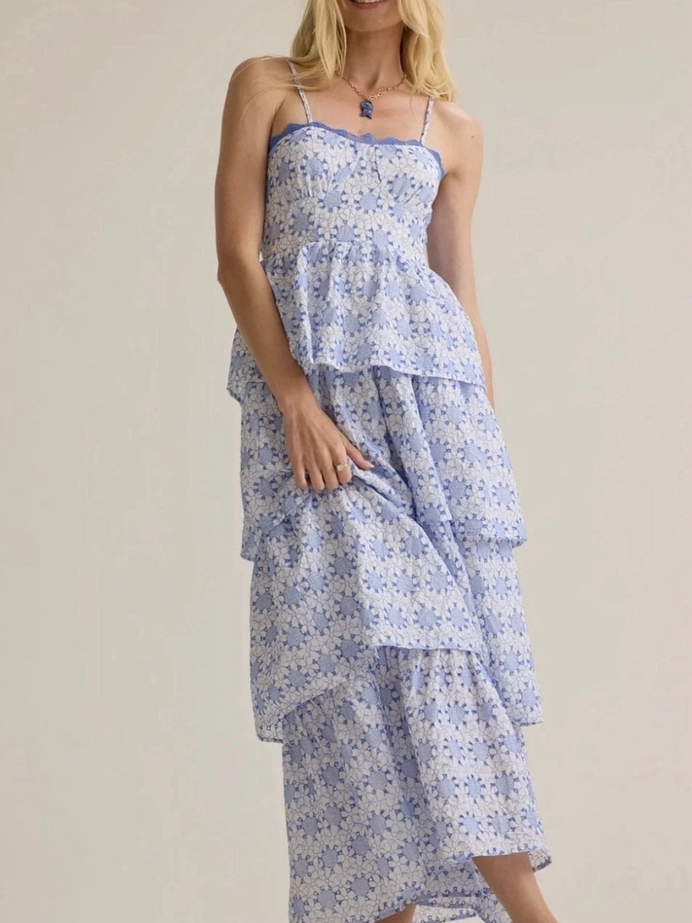 Sky Blue Floral Tiered Maxi Dress
